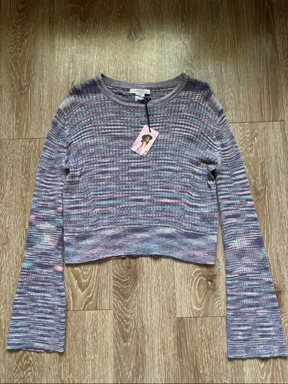 New! Sincerely Jules space dye blue/purple/pink cropped bell sleeve sweater, M